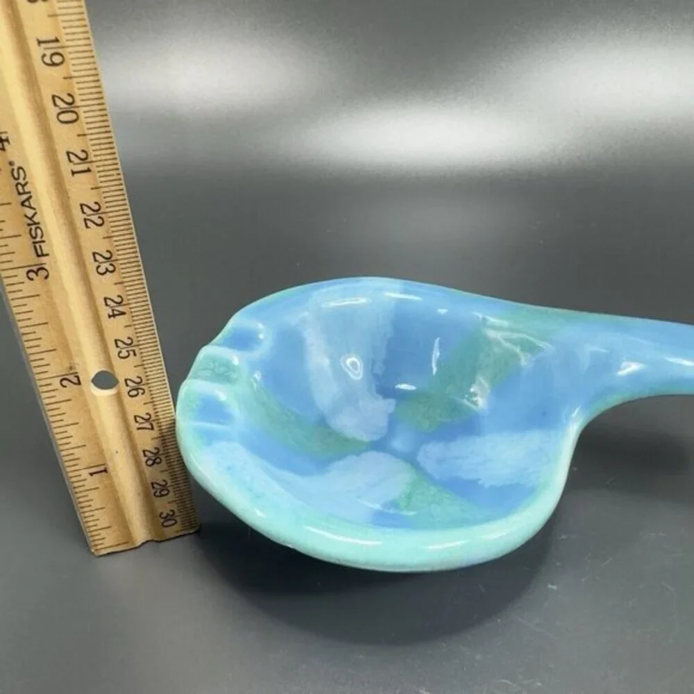Vintage Dryden Pottery Ashtray Dish Blue Glazed Signed Spoon Shaped‎ Decor VTG